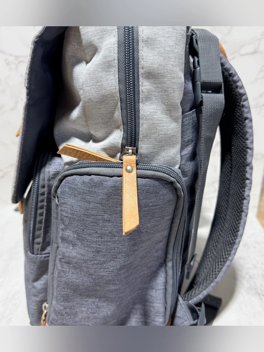 Eddie Bauer First Adventure Two-Tone Gray Diaper Backpack with Tan Accents
